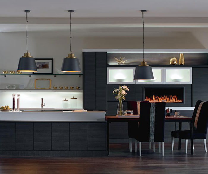 Contemporary laminate kitchen cabinets in woodgrain Obsidian finish