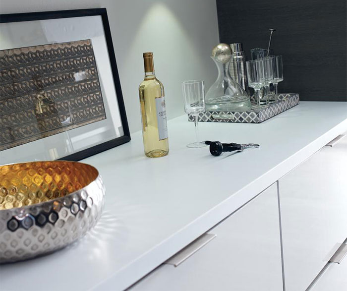 Close up of white high gloss laminate kitchen cabinets