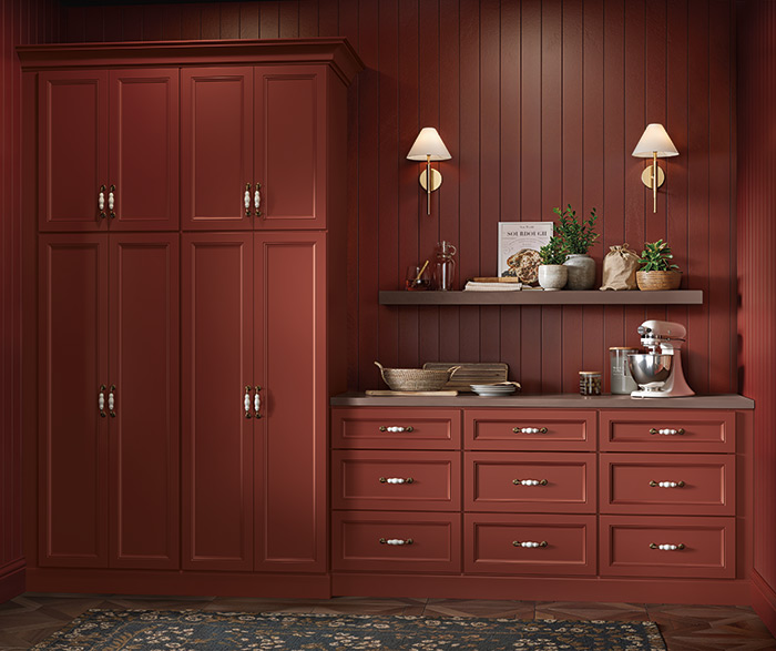 rust red painted storage cabinets